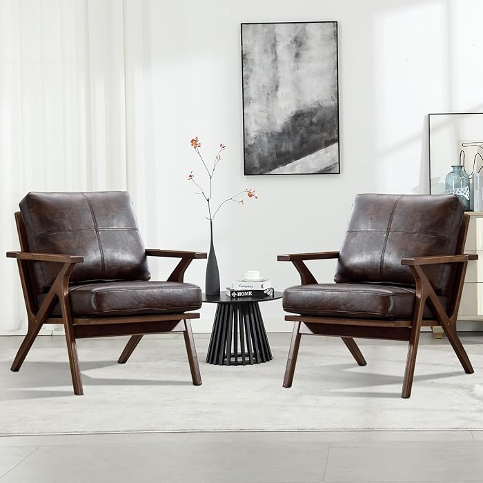 INZOY Mid-Century Modern Accent Chair with Wood Frame Set of 2, PU Leather Living Room Chair and ... | Amazon (US)