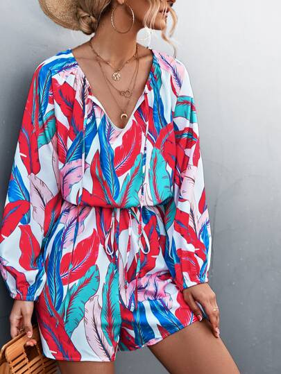 Tropical Print Tie Neck Lantern Sleeve Romper | SHEIN