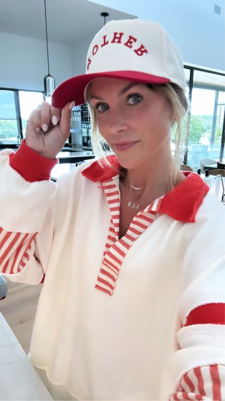 How cute is this striped red pullover with the hat! 

Summer style, summer fashion, red striped pullover, red trucker hat, the post, Riff raff 

#LTKFindsUnder50 #LTKStyleTip #LTKFindsUnder100