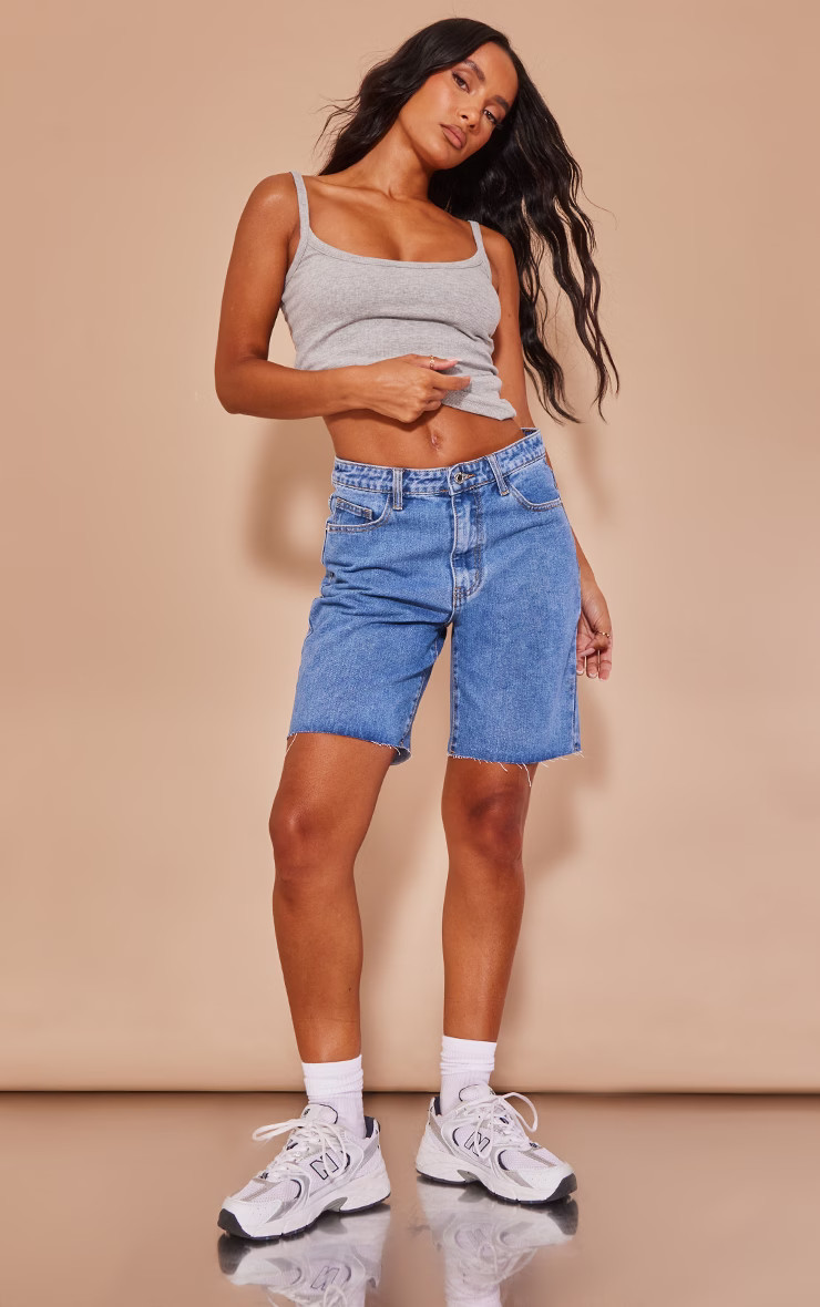 Mid Blue Wash Loose Fit Boyfriend Denim Short | PrettyLittleThing US