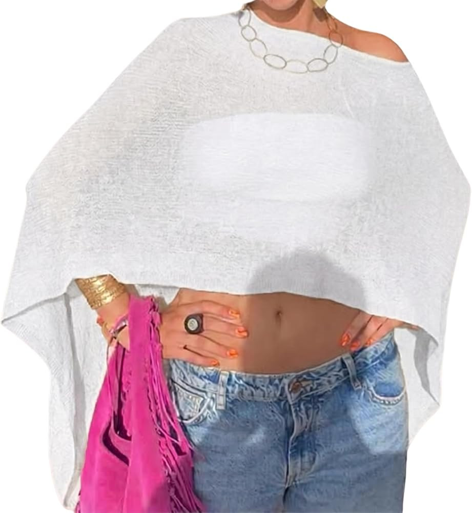 Women Sheer Poncho Top Knit Crochet Lightweight See Through Shawl Summer Shrug Beach Cover Up | Amazon (US)