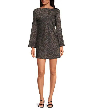 Gianni Bini Dionne Satin Leopard Print Long Sleeve Open Back Mini Dress - 0 | Dillard's