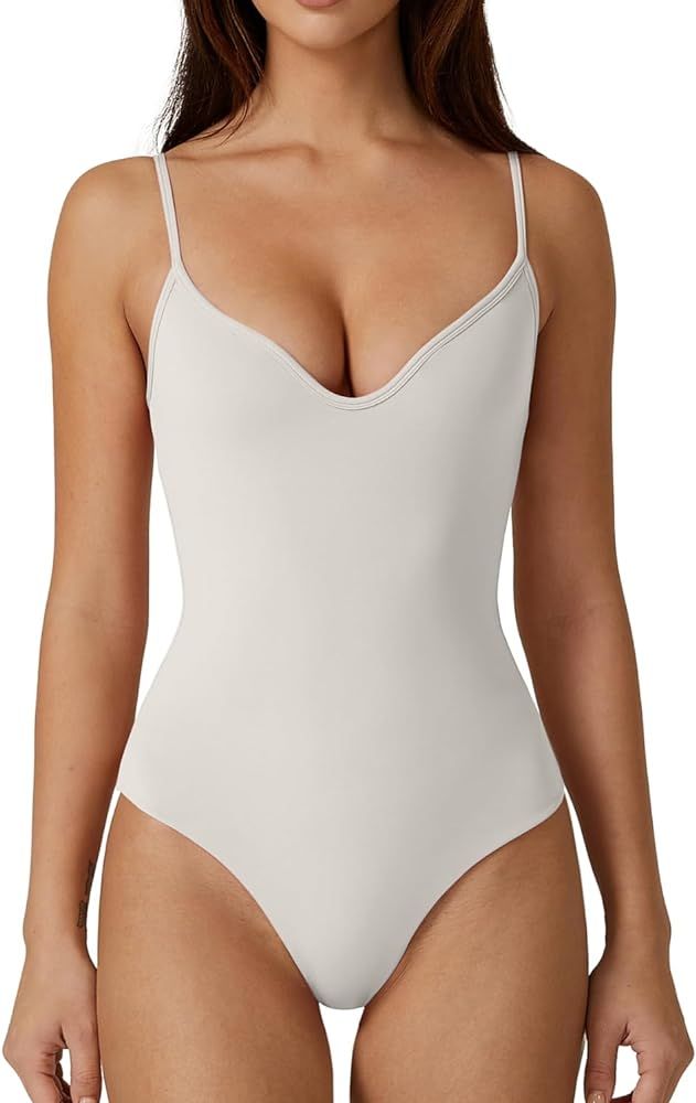 QINSEN Womens Sexy Sweetheart V Neck Bodysuit Tops Spaghetti Straps Slim Fit Fashion T Shirts | Amazon (US)