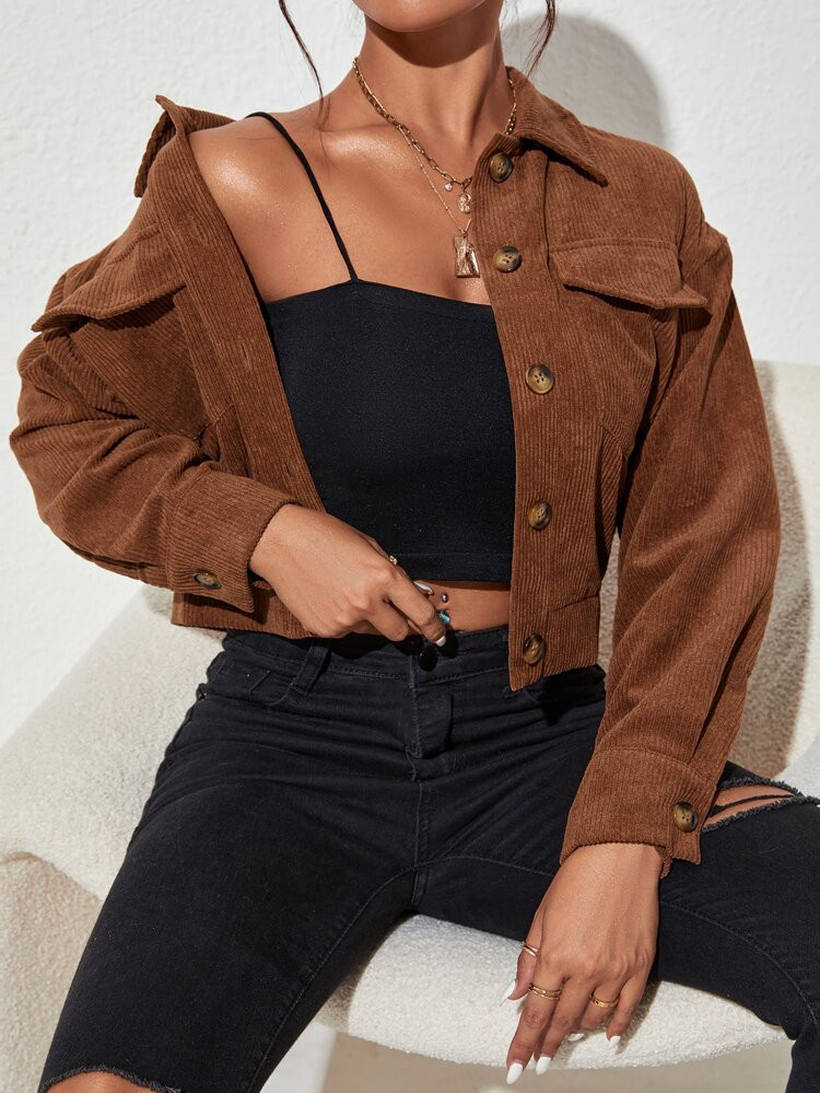 SHEIN PETITE Flap Pocket Drop Shoulder Corduroy Jacket | SHEIN
