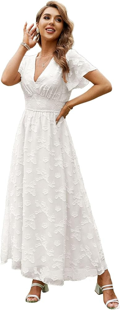 Simplee Women's Boho Floral Maxi Dress Flowy Casual V Neck Short Sleeve Wedding Guest Holiday Bea... | Amazon (US)