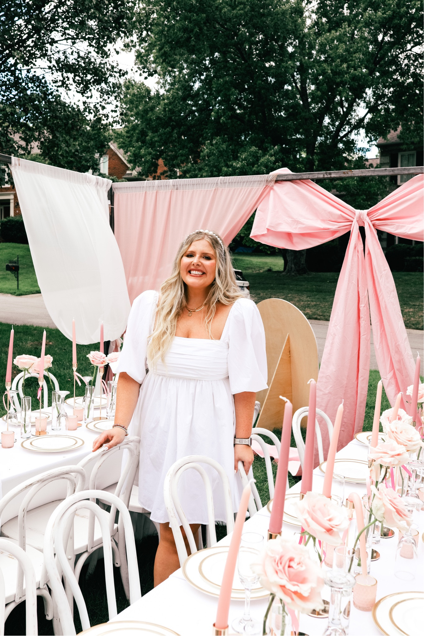 Bridal shower dress 
Garden party bridal shower
White dress - M
Victoria Emerson jewelry 
Pearl headband
Pink bow heels


#LTKSeasonal #LTKwedding #LTKunder100