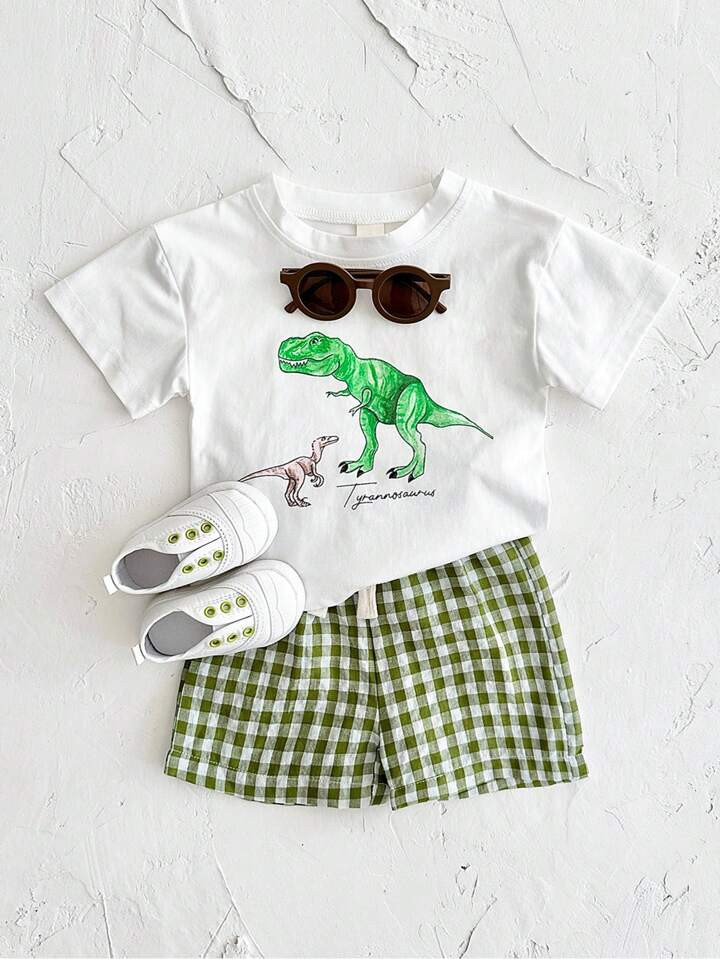 2pcs Baby Boys' And Girls' Dinosaur Printed Short Sleeve T-Shirt And Plaid Shorts Set, Summer | SHEIN