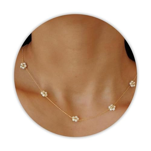 SmileBelle Daisy Pearl Necklace, Dainty Pearl Choker Necklace for Women as Flower Necklace, 14K Gold Plated Stainless Steel Trendy Gold Necklaces as Pearl Jewelry Teen Girls Daisy Wedding Costume Gift | Amazon (US)