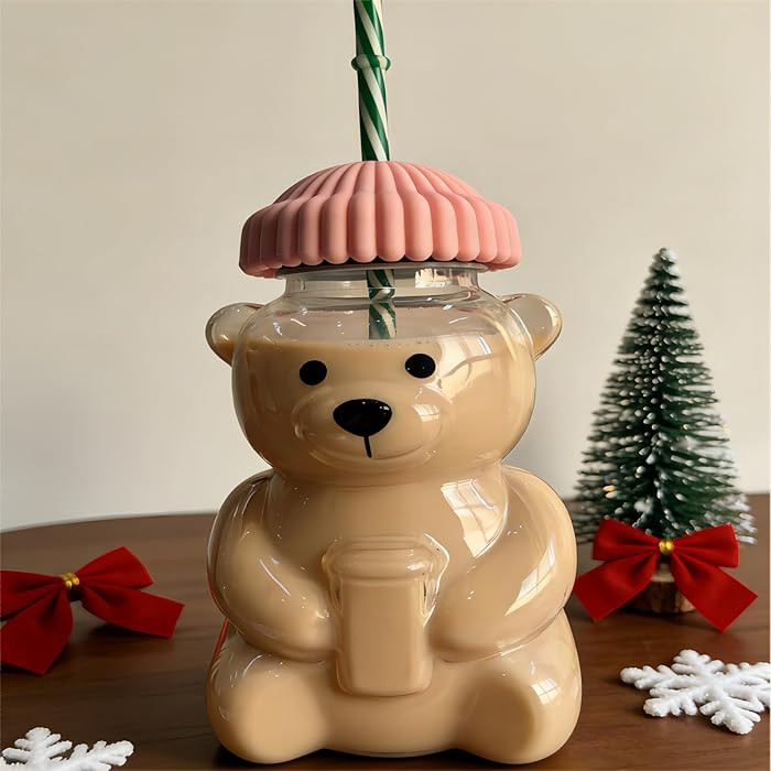 2026 New Pink Bear Straw Cup, 20oz Cute Bear Glass Tumbler with Reusable Straw - Viral Animal Des... | Amazon (US)