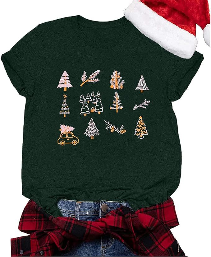 Christmas Tree Tshirt Women Cute Trees Print Xmas Holiday Shirts Casual Short Sleeve Graphic Tee ... | Amazon (US)