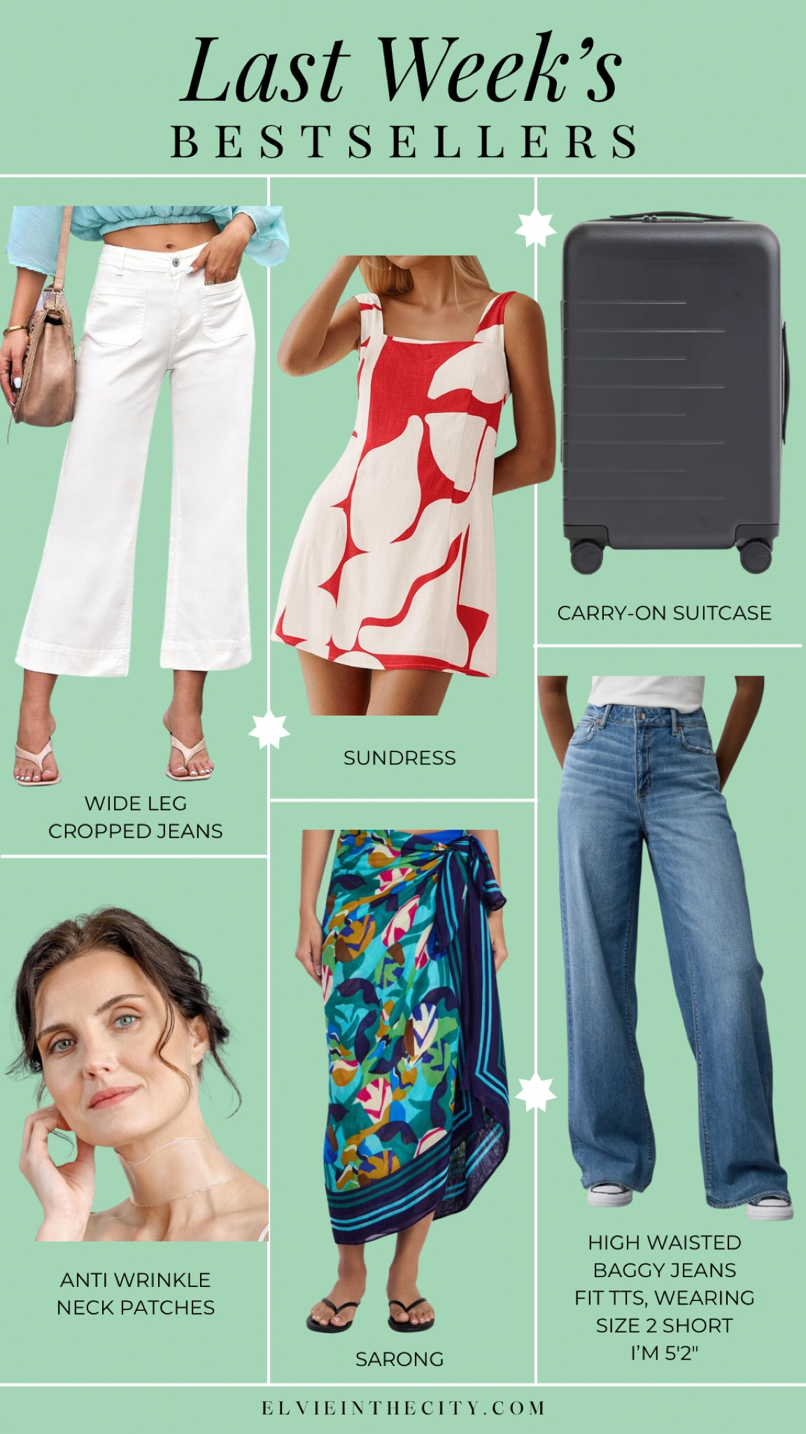 Last week’s bestsellers include white cropped wide leg jeans, a sundress, expandable carry-on suitcase, anti-wrinkle neck patches, a sarong, and high-waisted baggy jeans. 

Fashion over 40, over 50 style, affordable fashion, travel essentials, travel outfit 

#LTKTravel #LTKOver40 #LTKPetite