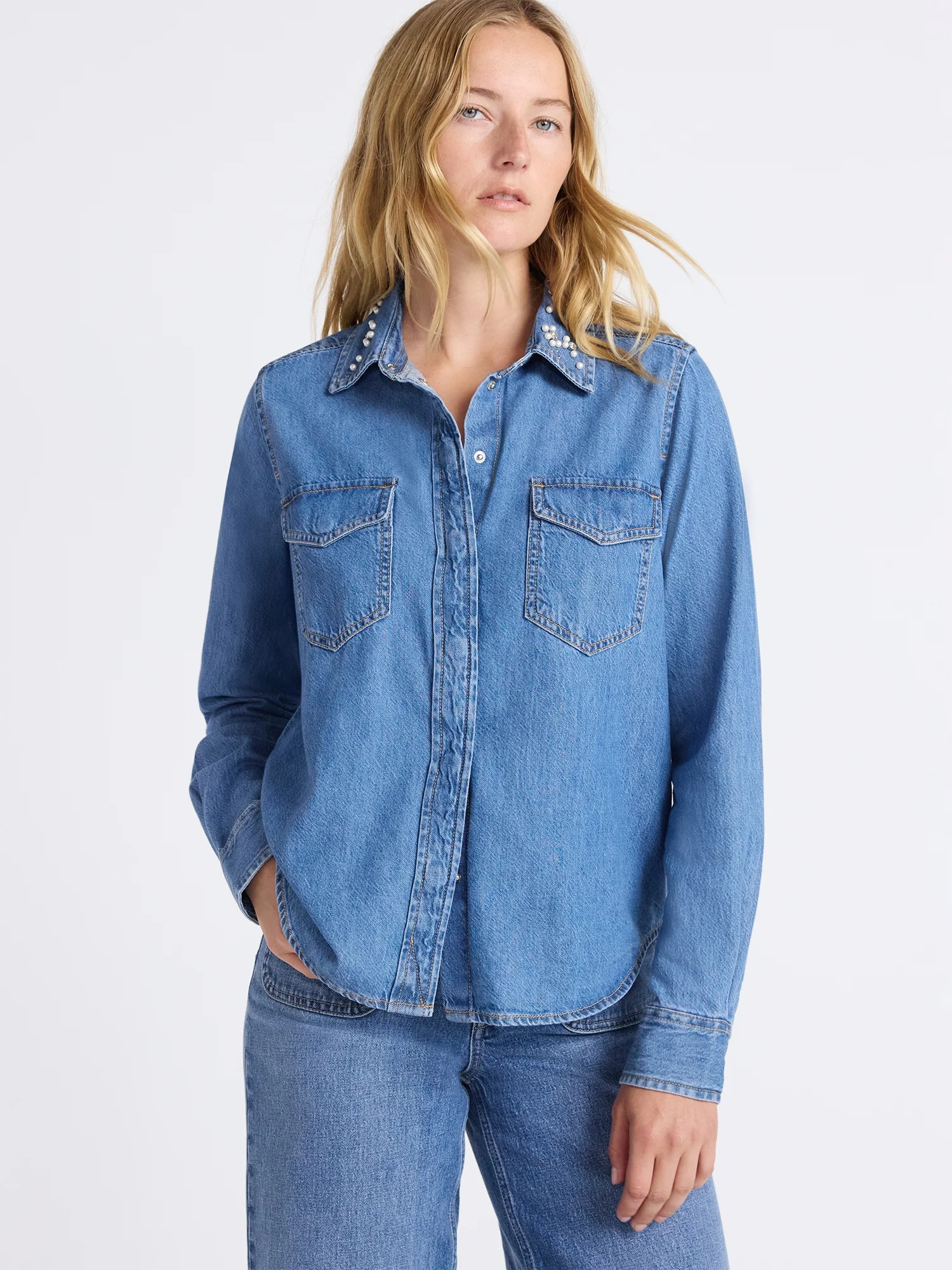 Free Assembly Women's Embellished Denim Shirt with Long Sleeves, Sizes XS-XXXL | Walmart (US)