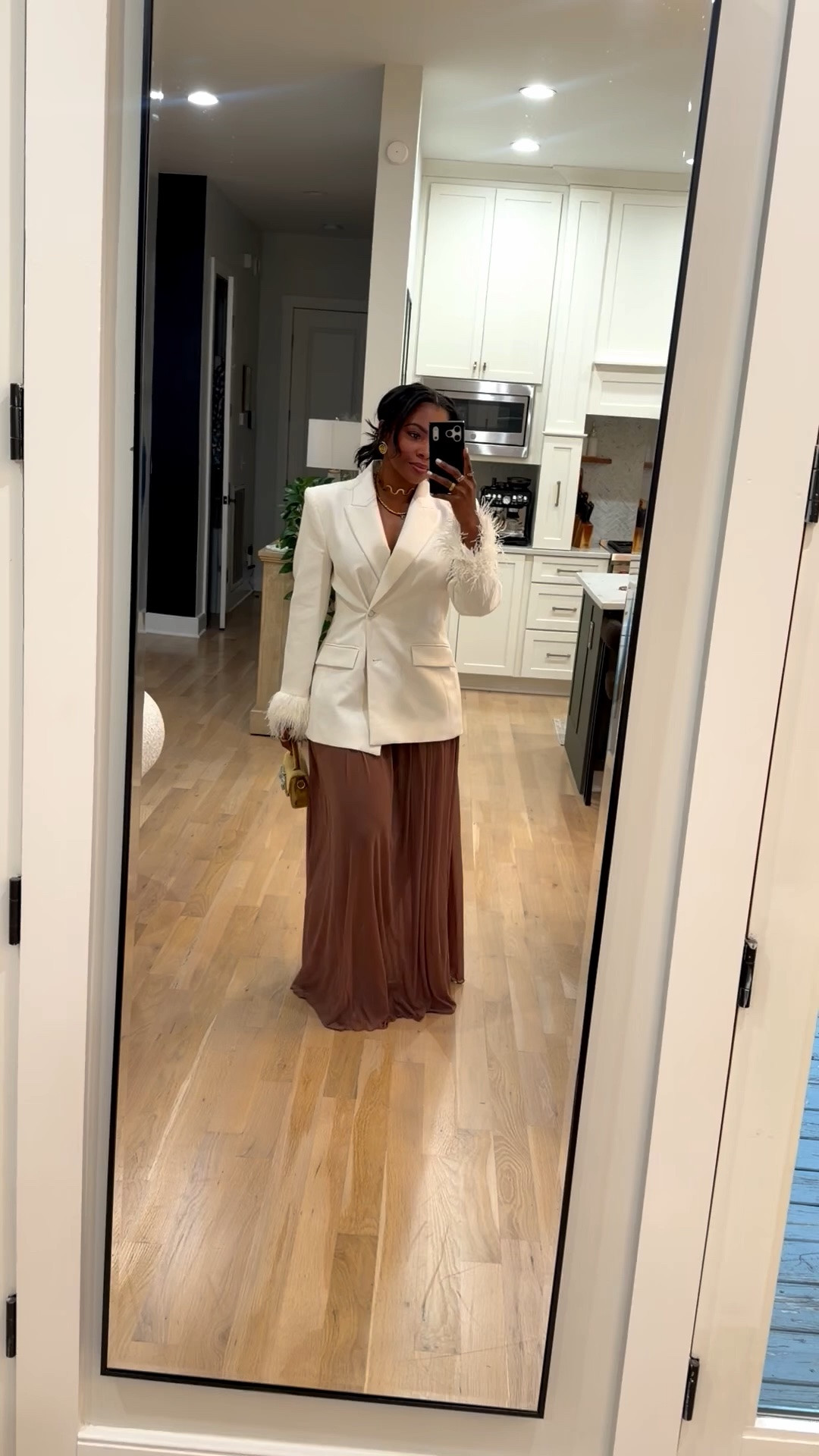 Blazer: XL (I added a faux button to create to hourglass effect) 
Skirt: 8