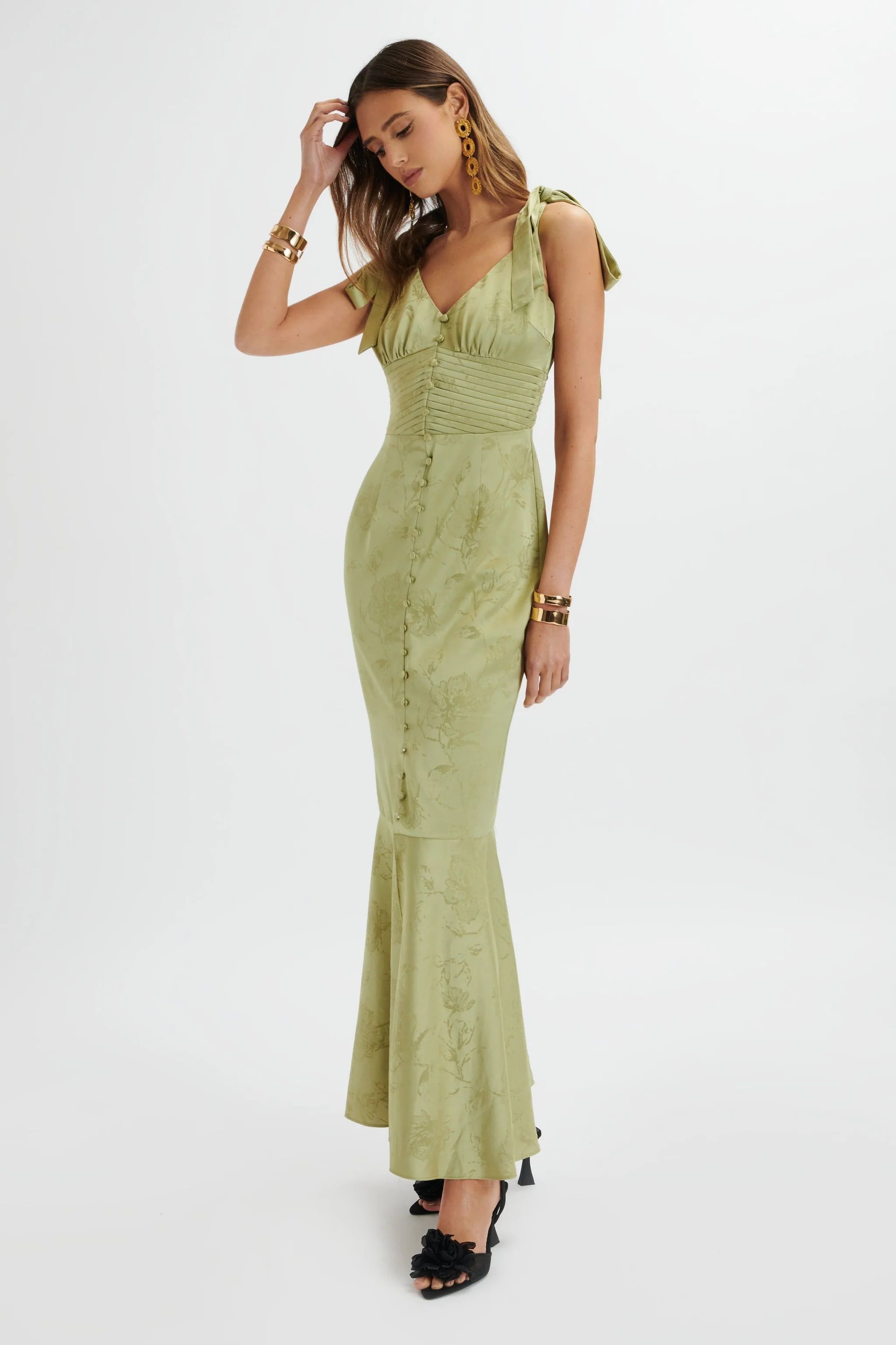 KAMILA Tie Strap Micro Button Satin Maxi Dress In Green Floral | Lavish Alice Retail Ltd