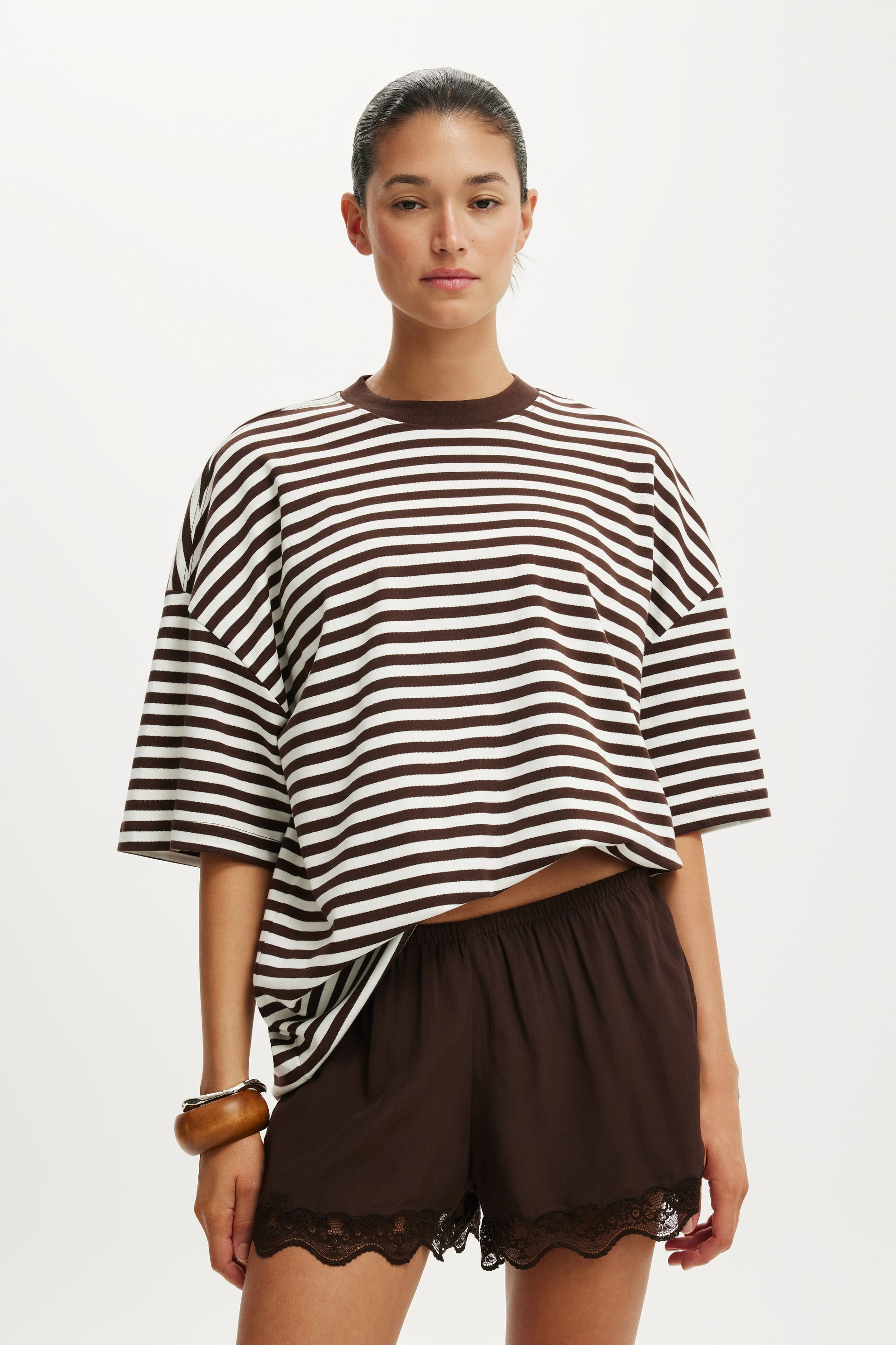 Cotton On Women - The Oversized Crew Tee - Sophie stripe dark oak/ vingtage white | Cotton On (ANZ)