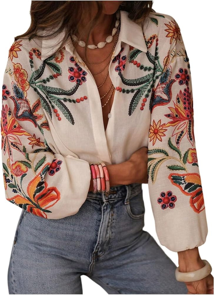 SHENHE Women's Button Down Shirt Lantern Sleeve Tropical Floral Boho Blouse Dressy Top | Amazon (US)