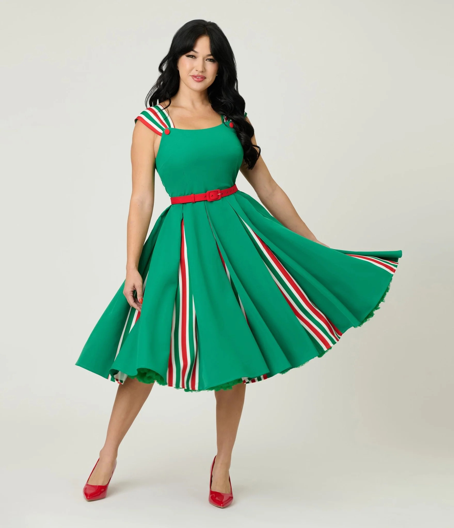 Unique Vintage Green & Candy Cane Stripe Swing Dress | UniqueVintage
