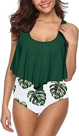 SouqFone Swimsuits for Women Two Piece Bathing Suits Ruffled Flounce Top with High Waisted Bottom... | Amazon (US)