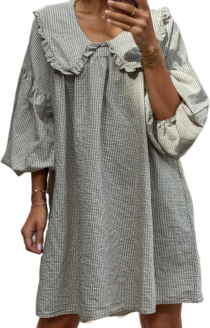 Women's Cute Babydoll 3/4 Puff Sleeve Plaid Mini Dress Summer Casual Lapel Doll Collar Loose Y2k ... | Amazon (US)