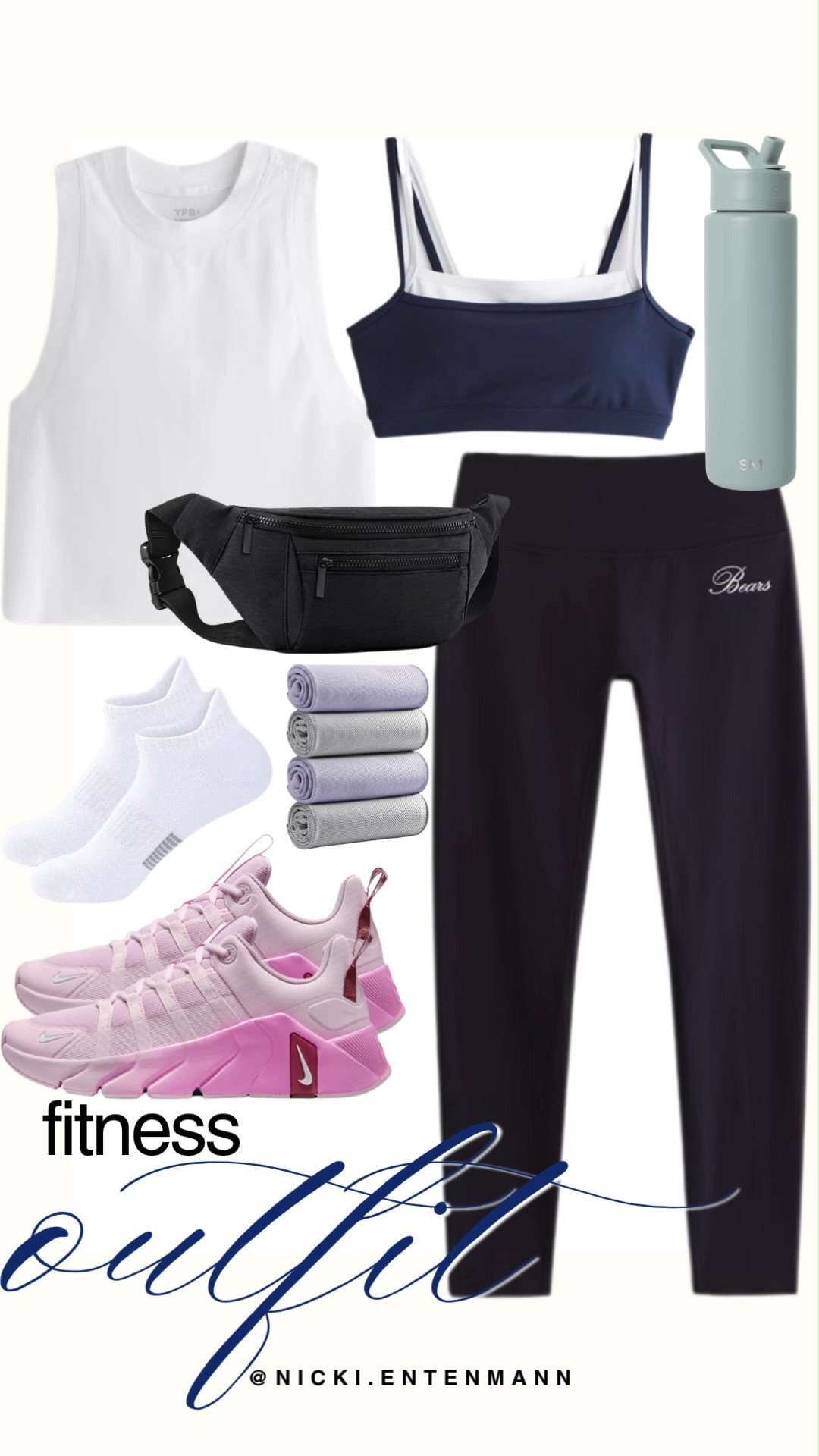 Elevate your training session with this sleek fitness outfit featuring black high-waisted leggings paired with a white high-neck tank top and a navy layered sports bra. Style the look with light pink Nike athletic sneakers, white ankle socks, a black belt bag, cooling workout towels, and a pastel green water bottle. It is the perfect blend of performance, functional gear, and modern gym style.

#fitnessoutfit #activewear #gymstyle #workoutgear #athleisure #fitfashion #outfitinspiration #workoutstyle 

 #LTKootd #LTKfitnessgoals #LTKActive