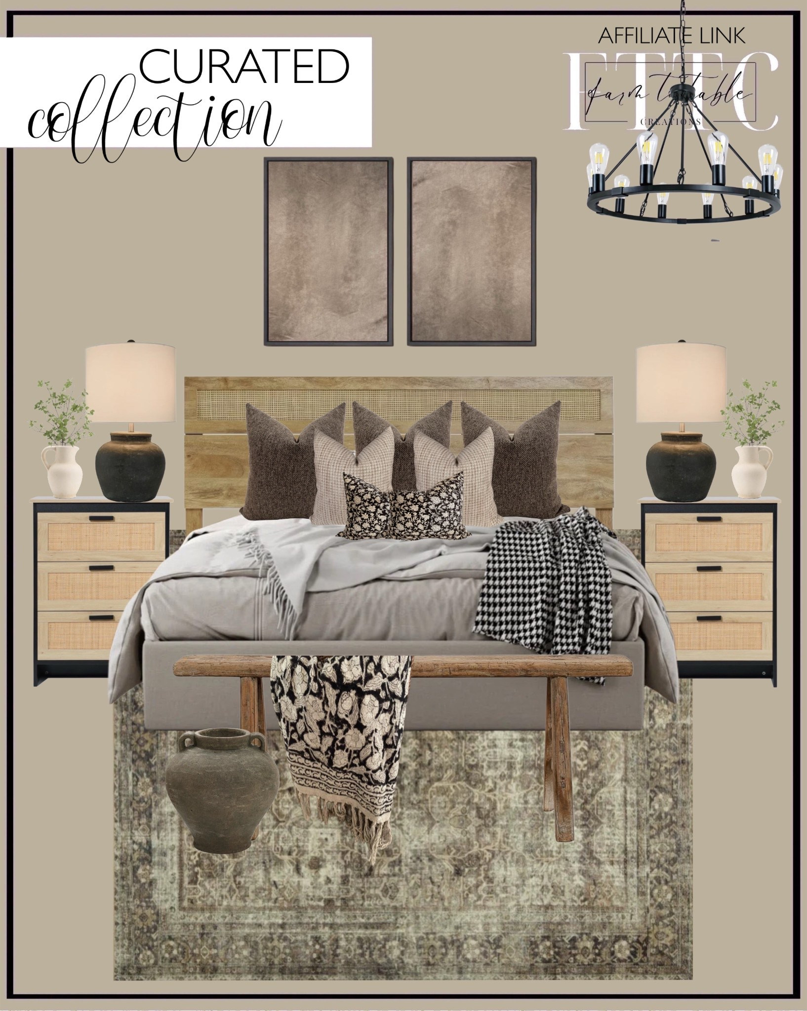 Curated Collection. Follow @farmtotablecreations on Instagram for more inspiration.

Wagon wheel chandelier. LuxenHome Oak Finish Wood with Natural Rattan Top Panel Headboard. Magnolia Home x Loloi washable rug pebble/taupe. Brown Velvet Abstract. Azhar Wood 3-Drawer Rattan Nightstand. Meagan Table Lamp. One handled vase. Ficus Branches. Skinny Bench. Noodle Bench. Handblock Throw Blanket. Hackner Home Pillow Covers. Almond Jumper Pillow Cover. Shepherd’s Check Alder Pillow Cover. Black Floral Block Print Lumbar Pillow Cover. Rustic Brown Terracotta Cauldron Tall Vase.

Bedroom Finds | Living Room | Bedroom Furniture | nightstands | Home Decor| Fireplace Decor | Spring Refresh |  Bedroom Finds | Neutral Stems | Spring Stems | Bookshelf Decor | Bedroom Space | Cozy Corner | Bathroom | Curated Entryway | Spring  Decor | End of Year Clearance | Trending Decor | Viral Decor | Amazon Holiday | Bedroom corner | Coffee Table Decor | Neutral Decor | Fall Stem Sale | Target Finds | Skinny Bench | Bedroom | Living Room | Breakfast Nook | Amazon Home | Target Sale | Loloi Rugs | Magnolia Home | console table | console table styling | faux stems | entryway space | front porch decor | neutral decor | entryway decor | cozy home | affordable decor |  home decor | home inspiration | console styling | entryway rug | cozy moody home | moody home decor | neutral home | bathroom decor | living room | spring decor | Hearth & Hand | Studio McGee



#LTKSaleAlert #LTKHome #LTKFindsUnder50