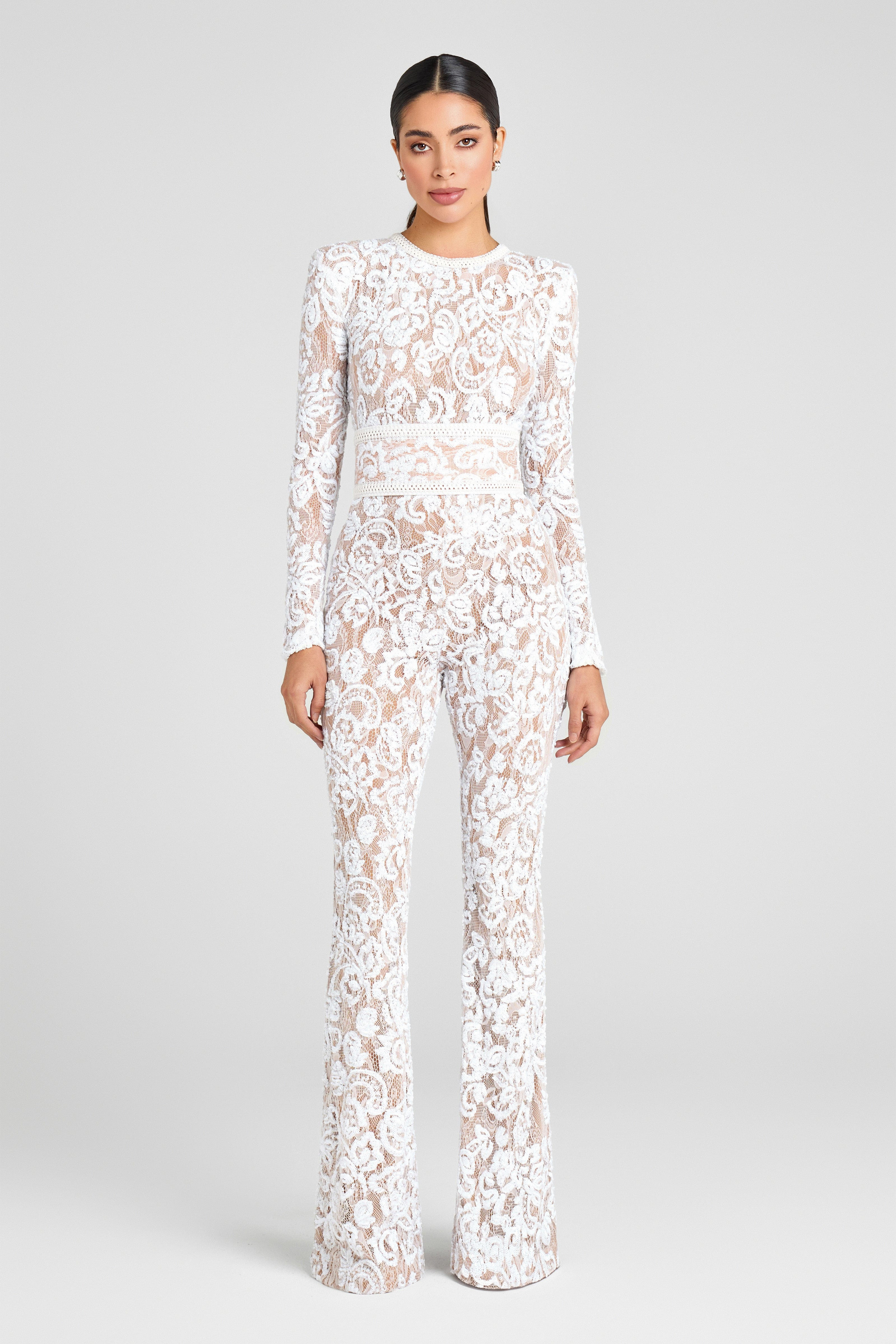 BELLA White Jumpsuit | White Lace Jumpsuit | NADINE MERABI | Nadine Merabi