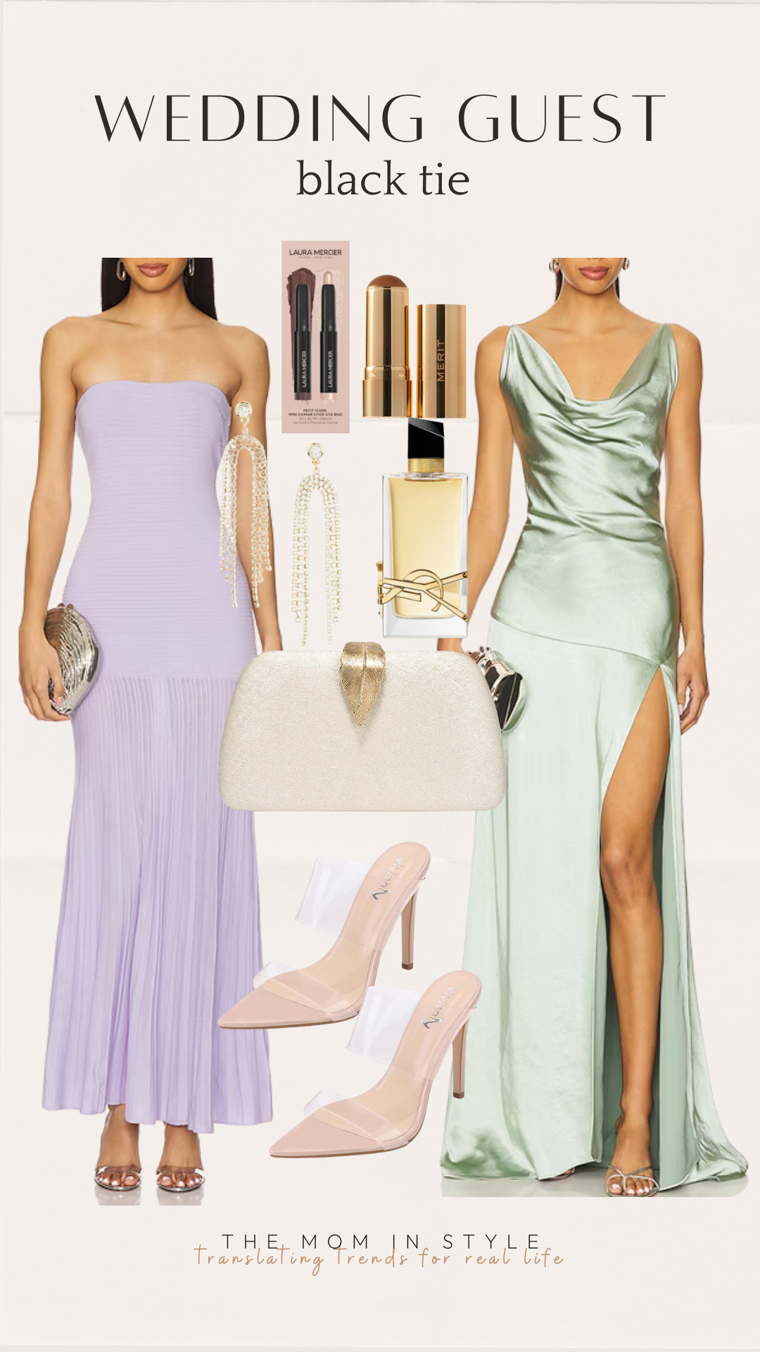 lilac dress, green satin, black tie, wedding guest, pleated gown, gold clutch, clear heels

 

#LTKWedding
