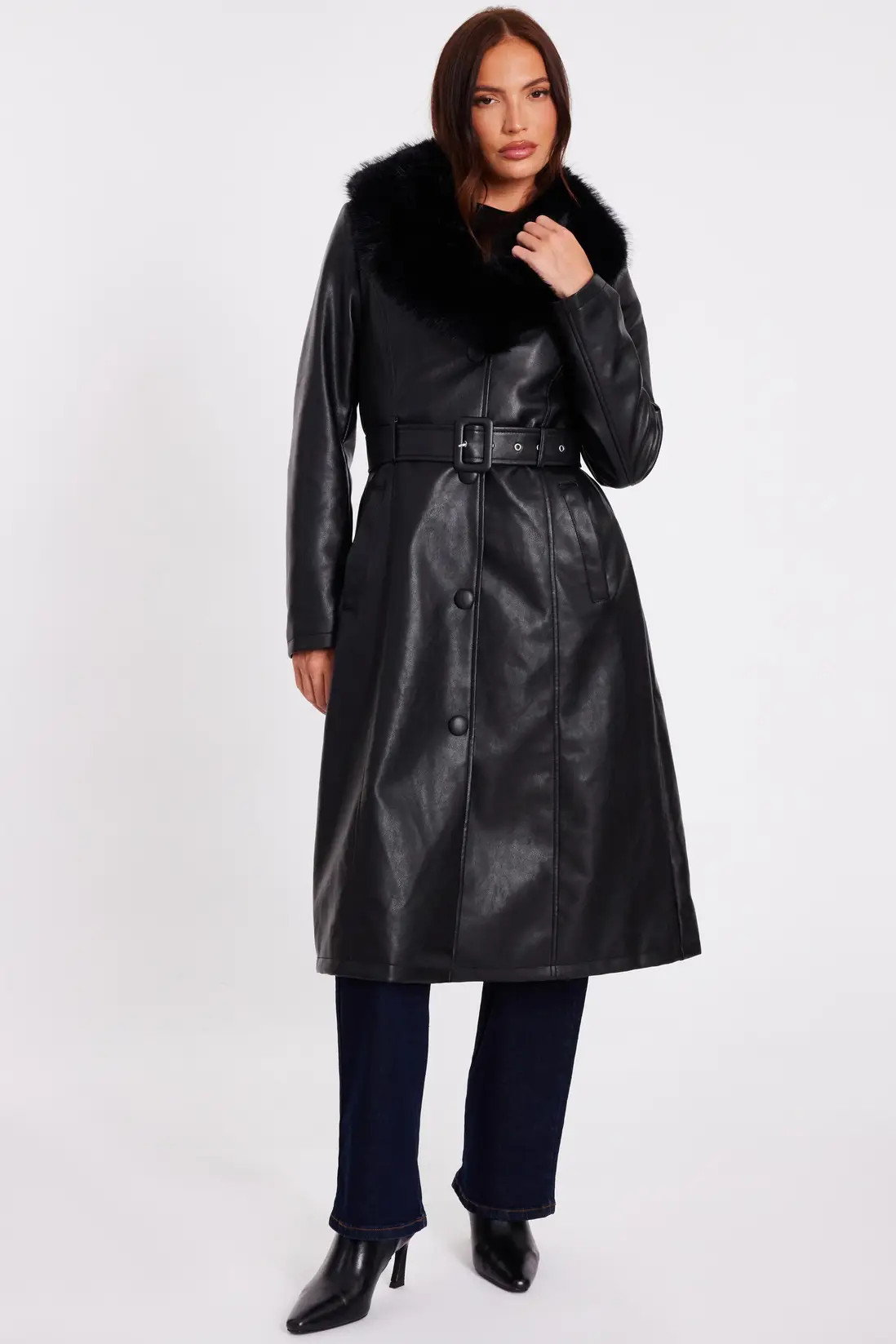 Black Faux Leather Trench Coat | Boohoo.com (UK & IE)