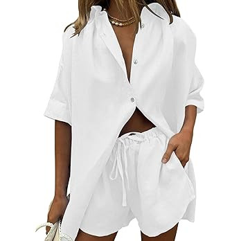 Fixmatti Women 2 Piece Outfits Long Sleeve Button Down Blouse and Shorts Sweatsuit Sets | Amazon (US)