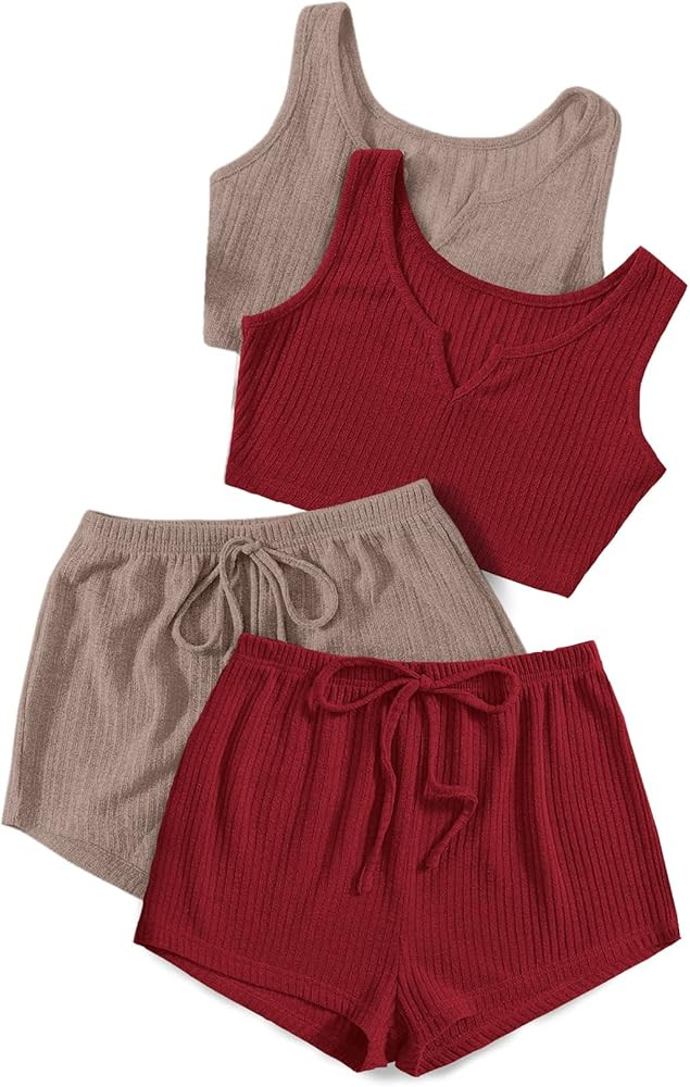 Milumia Women's 4 Pieces Ribbed Knit Crop Tank Top and Drawstring Waist Shorts Pajama Set Loungew... | Amazon (US)