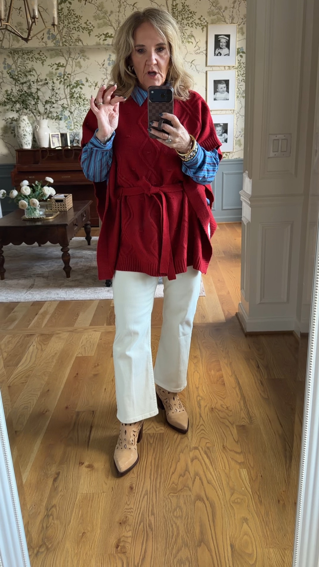 Poncho size XS/S
Blouse size medium 
Spanx ecru jeans I sized up two sizes to a 12
Boots size up a half size they’re on sale

#LTKSaleAlert #LTKOver40 #LTKFindsUnder100