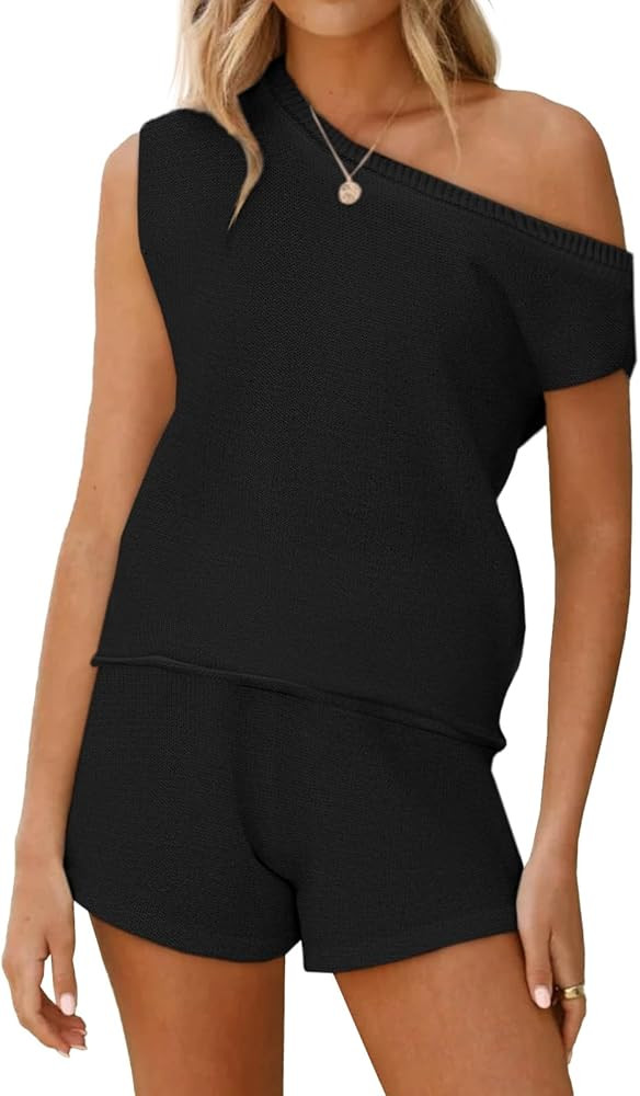 Tankaneo Womens Off The Shoulder 2 Piece Outfits Sweater Sets Shorts Casual Matching Lounge Sets ... | Amazon (US)