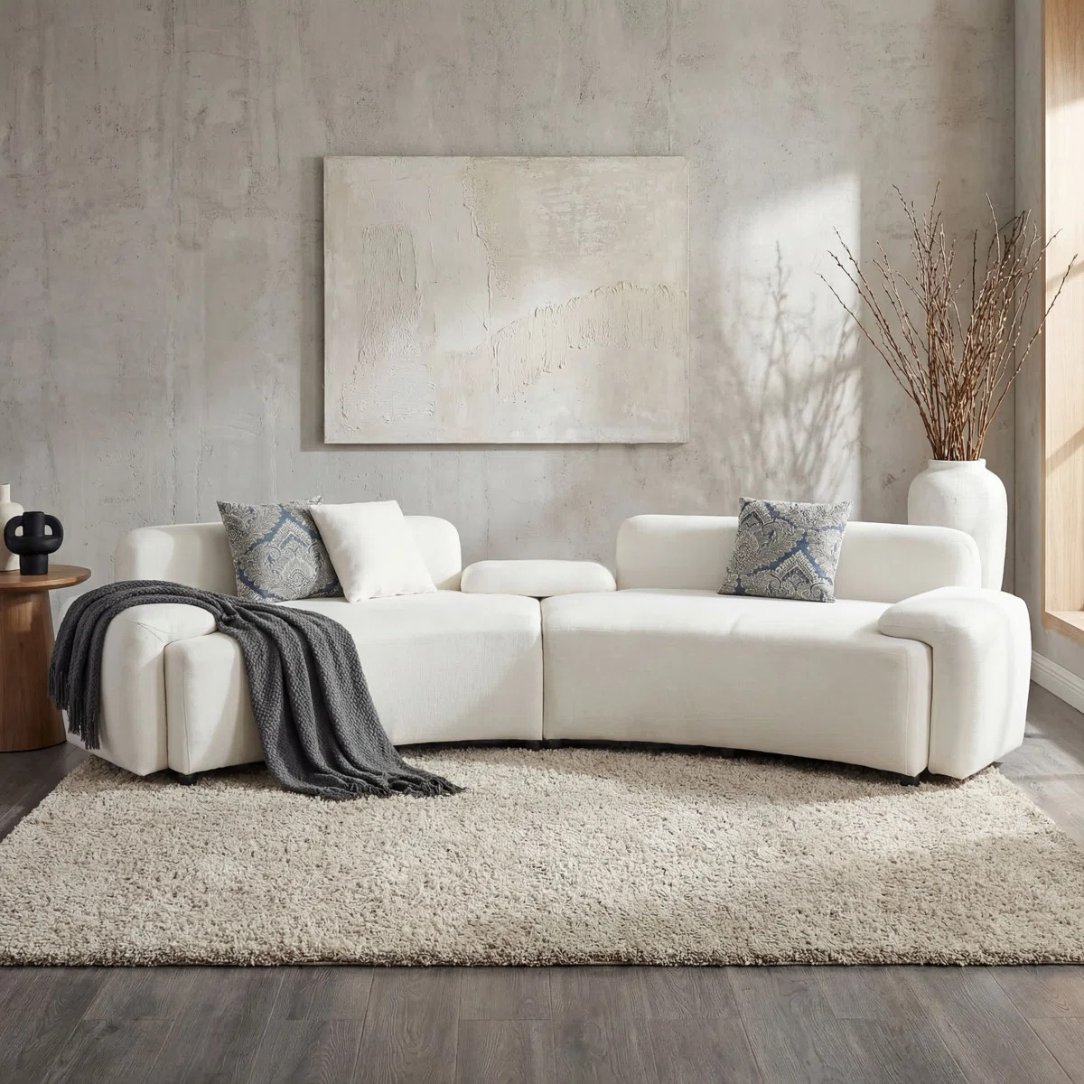 Modern Upholstered Curved Sectional Sofa with Damask Accent Pillows | Wayfair North America
