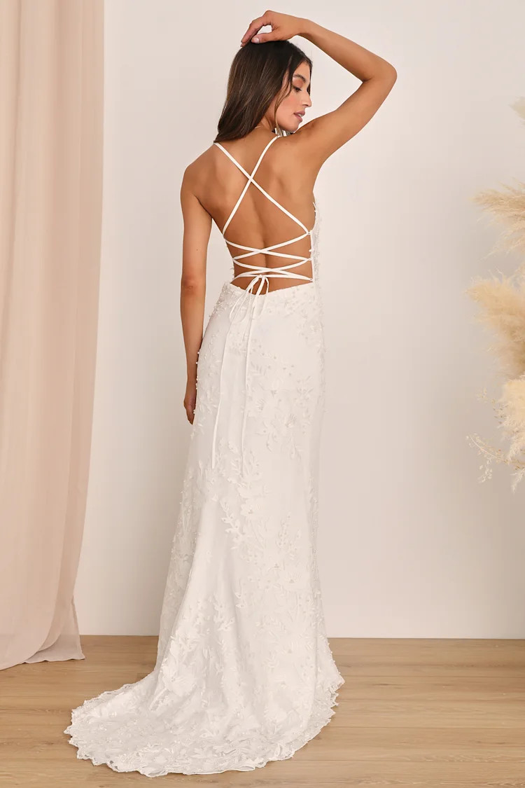 Enchanting Eternity Ivory Pearl Lace-Up Backless Maxi Dress | Lulus