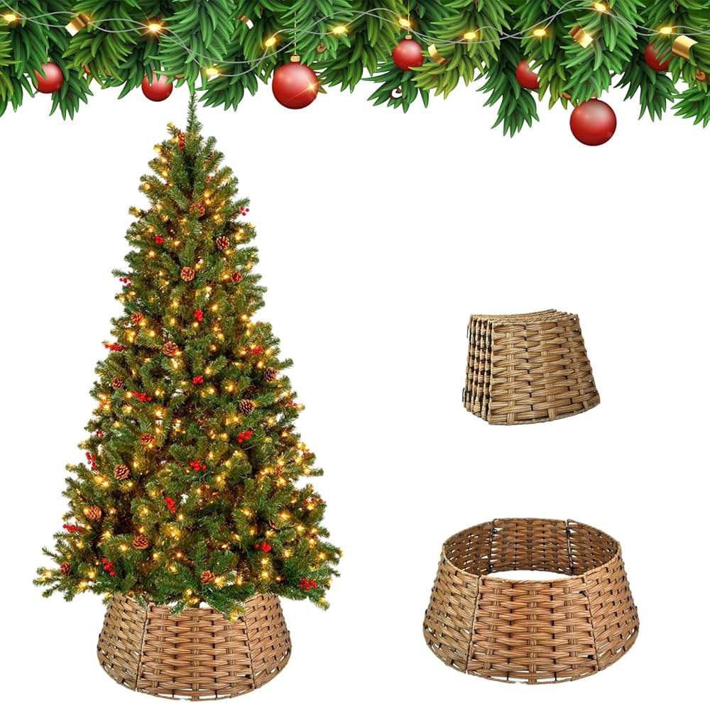 Christmas Tree Collar, Christmas Tree Base Cover, Plastic Wicker Christmas Tree Ring Basket for A... | Amazon (US)