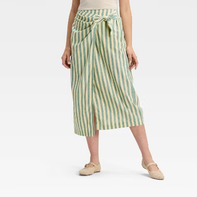 Women's Midi Wrap Skirt - Universal Thread™ Green/Yellow Striped XS | Target