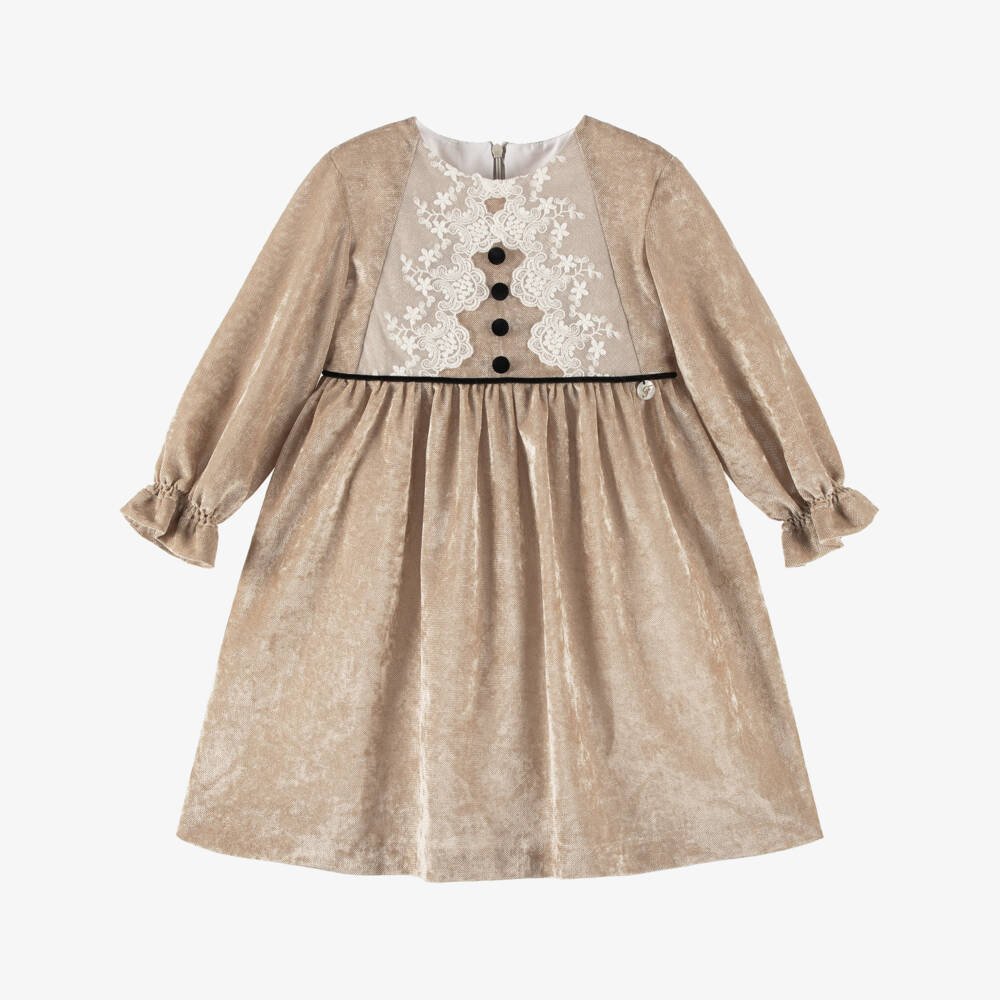 Girls Beige Velour Dress with Embroidered Tulle Trims | Childrensalon