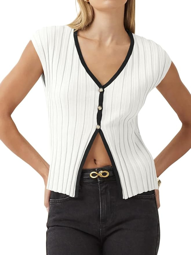 Womens Cap Sleeve Button Down Sweater Vest Ribbed Knit Contrast V Neck Summer Sexy Pullover Tops | Amazon (US)