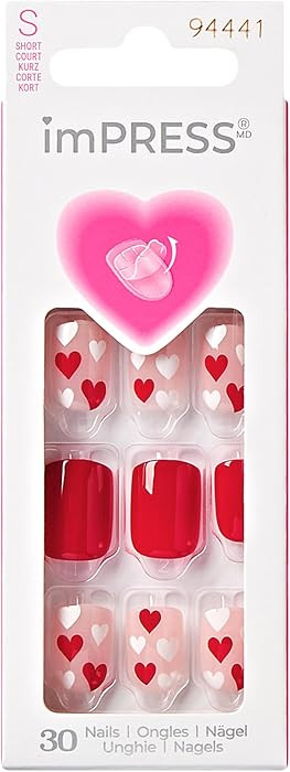 KISS imPRESS Valentine’s Day Press On Nails, ‘Full Heart’, Red, Short Squoval, No Glue Need... | Amazon (US)
