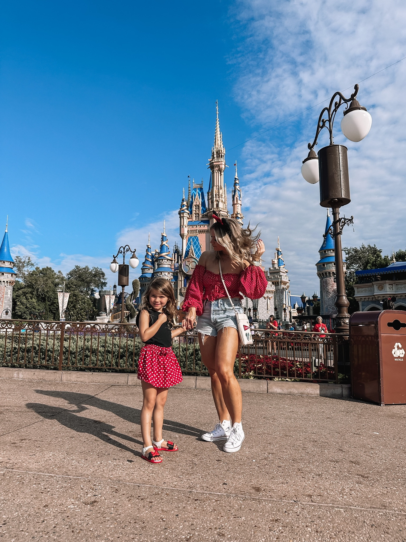 Mommy & Me Disney Vacation outfits, red and white polka dot crop top, denim shorts, girl’s black shirt, Mickey hair clips, Disney World outfits, resort looks 

#LTKfamily #LTKtravel #LTKkids