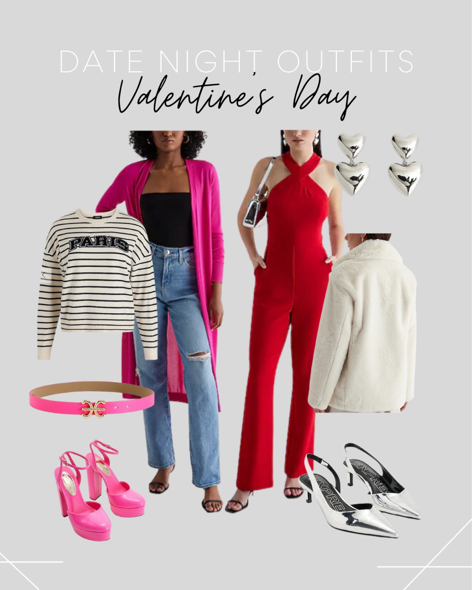 Date night outfits for Valentine’s Day 💘💘

Jumpsuit, faux fur jacket, silver shoes, pink belt, pink shoes, Paris sweater

#LTKstyletip #LTKfindsunder50 #LTKsalealert