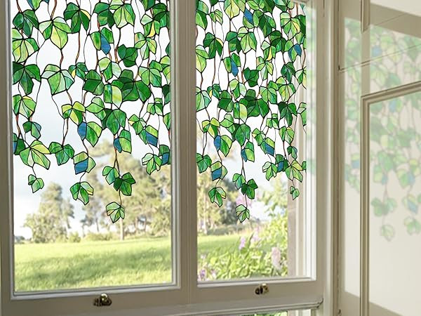 Original Hand Drawn Stained Glass Window Cling Haing Plants, Green Transparent Window Film for Glass Window Decor, Living Room, Kitchen, Green Grape Leaves Stickers 12.99"X22.83" | Amazon (US)