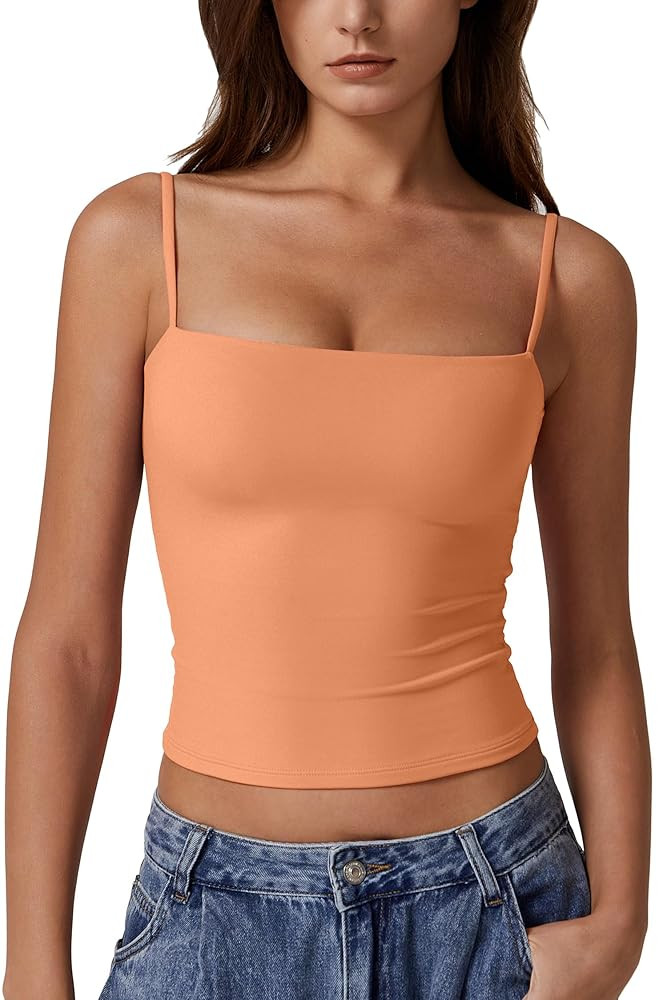 QINSEN Women's Double Lined Basic Tank Top Adjustable Spaghetti Straps Sleeveless Camisole Shirts | Amazon (US)