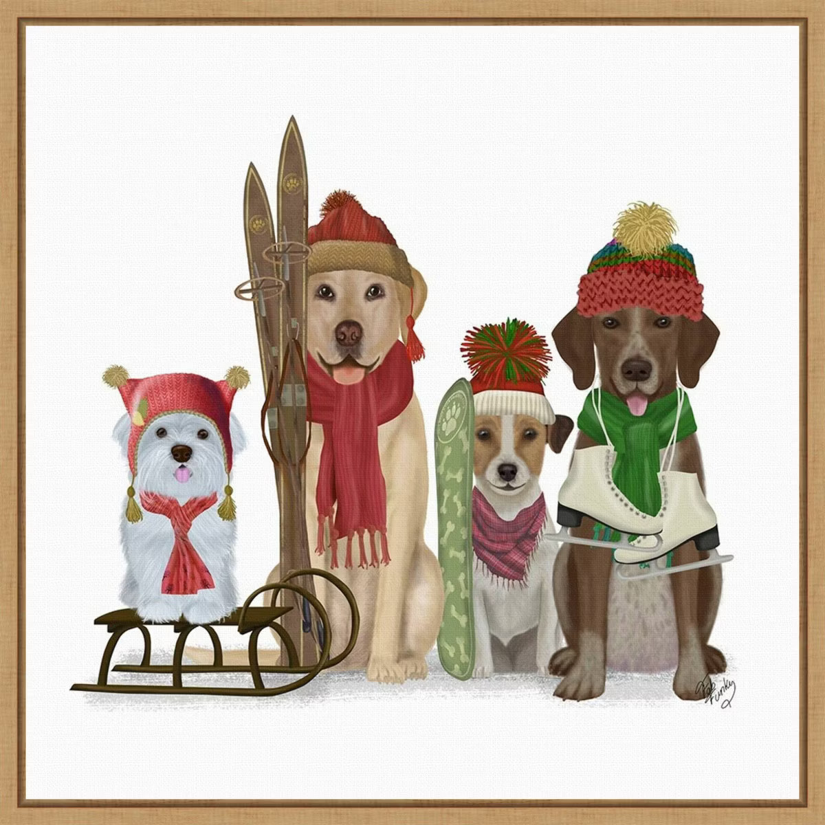 16" x 16" Christmas Dogs Winter Sports Fans by Fab Funky Framed Canvas Wall Art - Amanti Art | Target