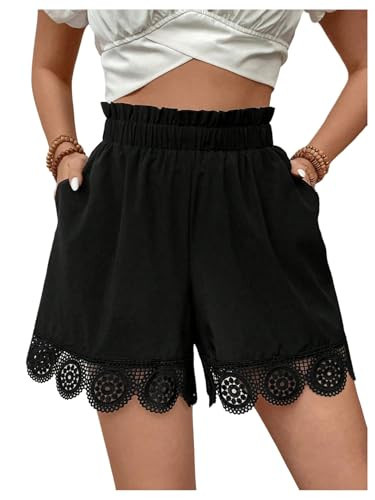 SweatyRocks Women's Casual Solid Elastic High Waisted Lace Hem Shorts Summer Black S | Amazon (US)