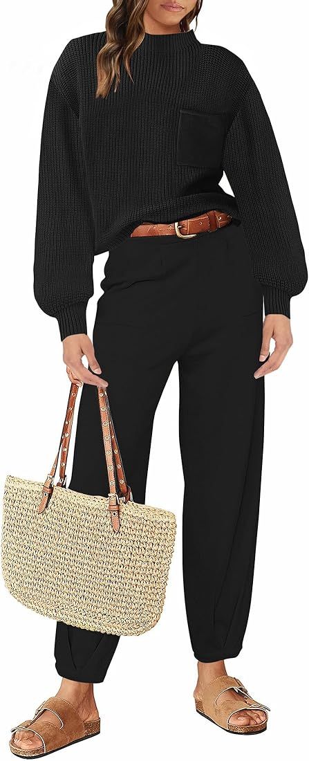 ZESICA Women's 2 Piece Outfits Sweater Set Long Sleeve Mock Neck Knit Pullover Top High Waist Pan... | Amazon (US)
