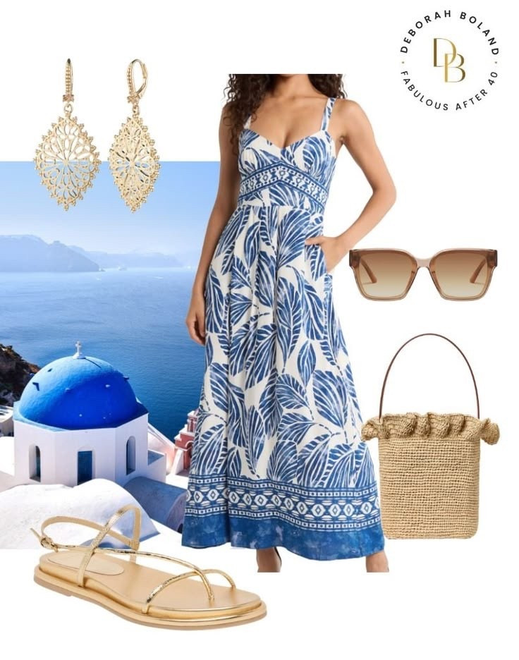 Packing light but feeling effortlessly put together 🌿☀️ This blue leaf-print dress with gold sandals and my trusty straw bag is officially my go-to vacation uniform for Greece! From wandering sun-soaked streets to sipping coffee by the sea, it’s all about breezy, easy pieces that make every moment feel like a little getaway ✨🇬🇷 #VacationStyle #GreeceVibes #EffortlessChic

#LTKTravel #LTKOver40 #LTKSeasonal