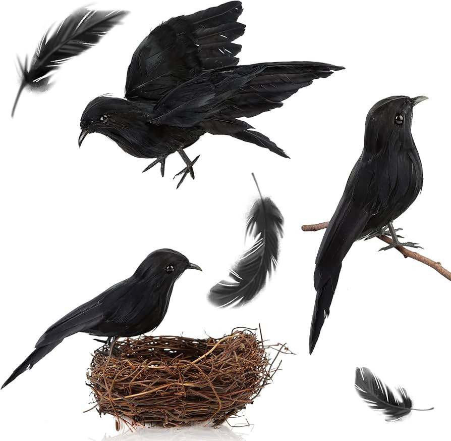 FUTUREPLUSX 3 PCS Halloween Black Crows, Fake Crow with Bird's Nest Handmade Lifelike Raven Feath... | Amazon (US)