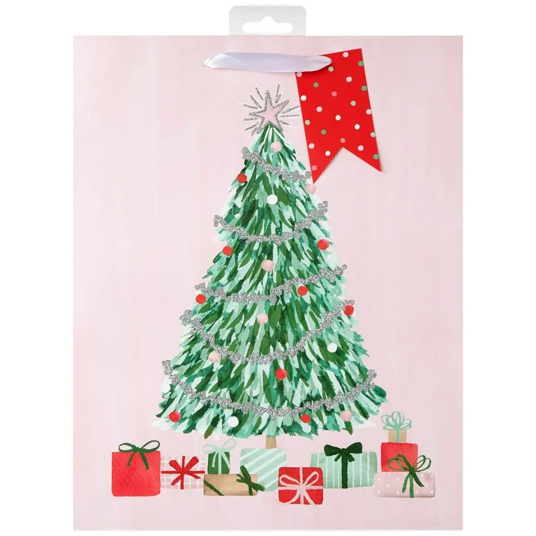 Pink & Green Winter Blush Glitter Christmas Tree with Presents Large Paper Gift Bag, 12.75 in, by... | Walmart (US)