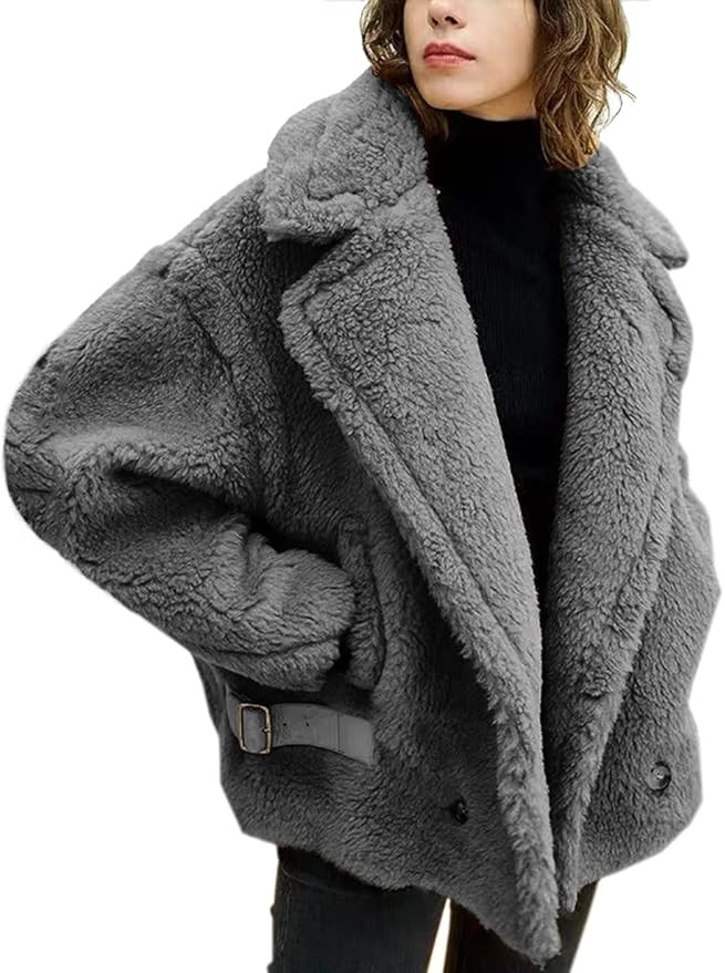 FLAVOR Women's Wool Teddy Coat Oversized Motorcycle Warm Winter Shearling Jacket Fur Fuzzy | Amazon (US)